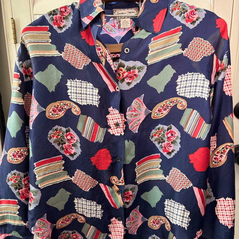 Jonathan Martin Navy and Multicolor 100% silk M long sleeve patchwork